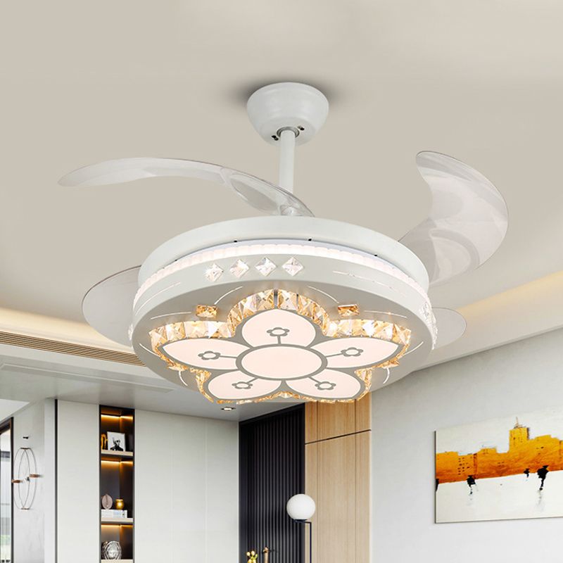 19" Wide Flower Pendant Fan Light Fixture Modern Living Room LED Semi Flush Mount Lighting in White with 4 Blades