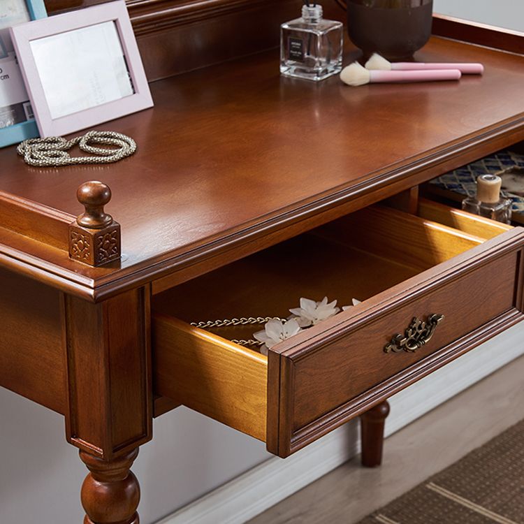 Traditional 2-Drawer Brown Solid Wood Dressing Table with Mirror Makeup Vanity Stool