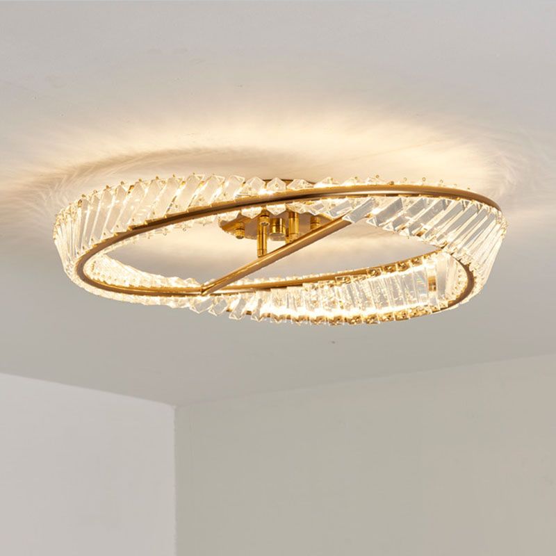 Modern Fashionable Circular LED Ceiling Light Electroplate Metal Semi Flush Mount with Crystal Shade