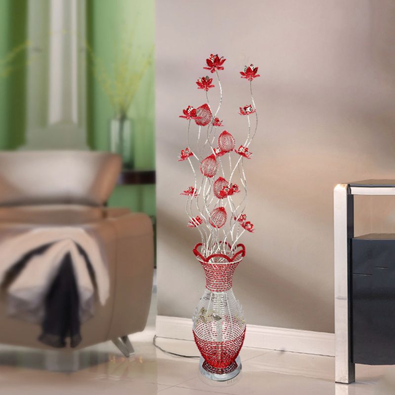 LED Vase Shape Floor Lamp Decorative Red Metallic Standing Light with Flower Design