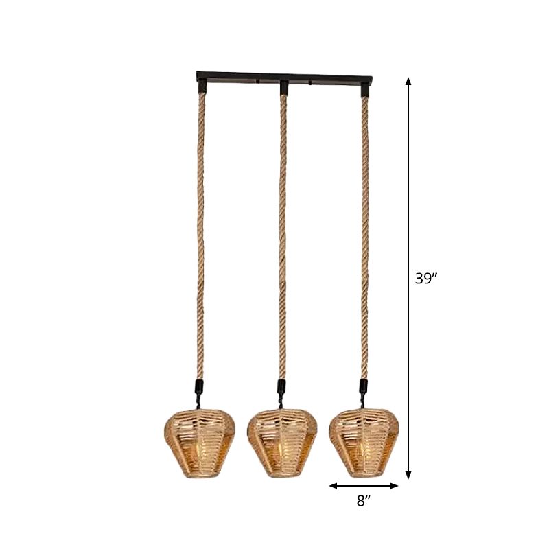 3/6-Light Inverted Droplet Multi Pendant Rustic Brown Hemp Rope Hanging Light Fixture with Round/Linear Canopy