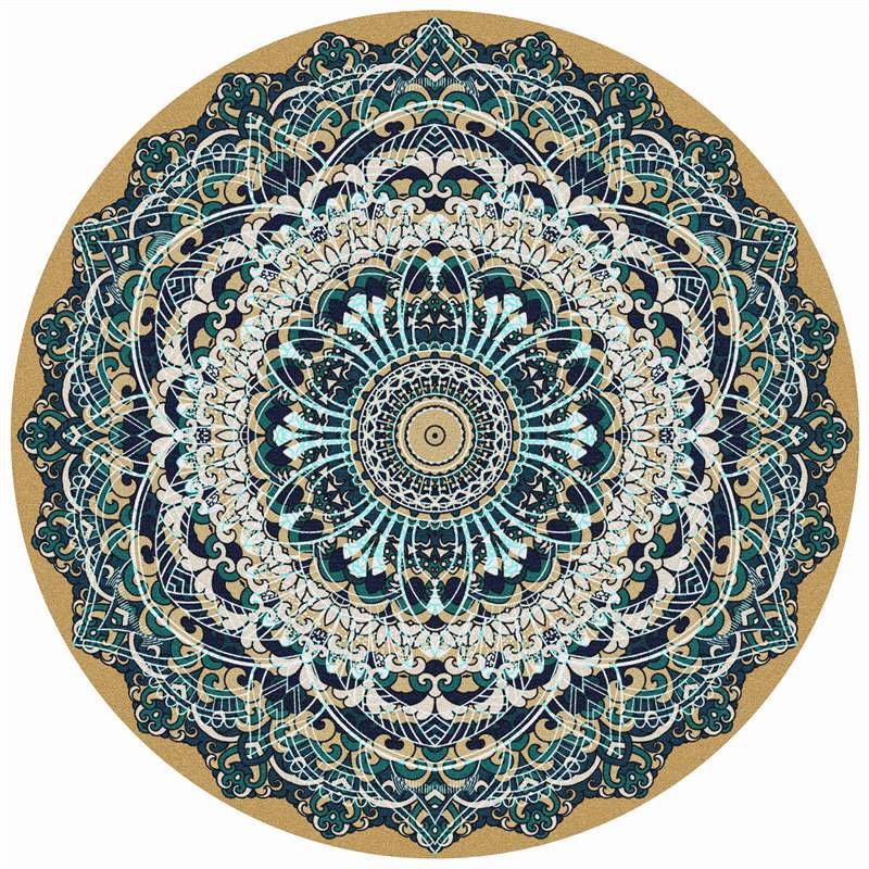 Round Multicolor Flower Print Rug Polyester Carpet Retro Anti-Slip Backing Indoor Rug for Bedroom