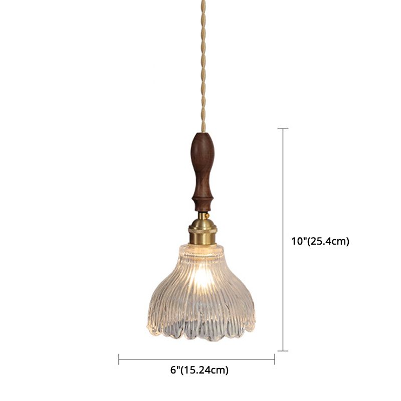 Ribbed Glass Floral Suspension Pendant Simple 1 Bulb Dinner Hanging Light in Brass