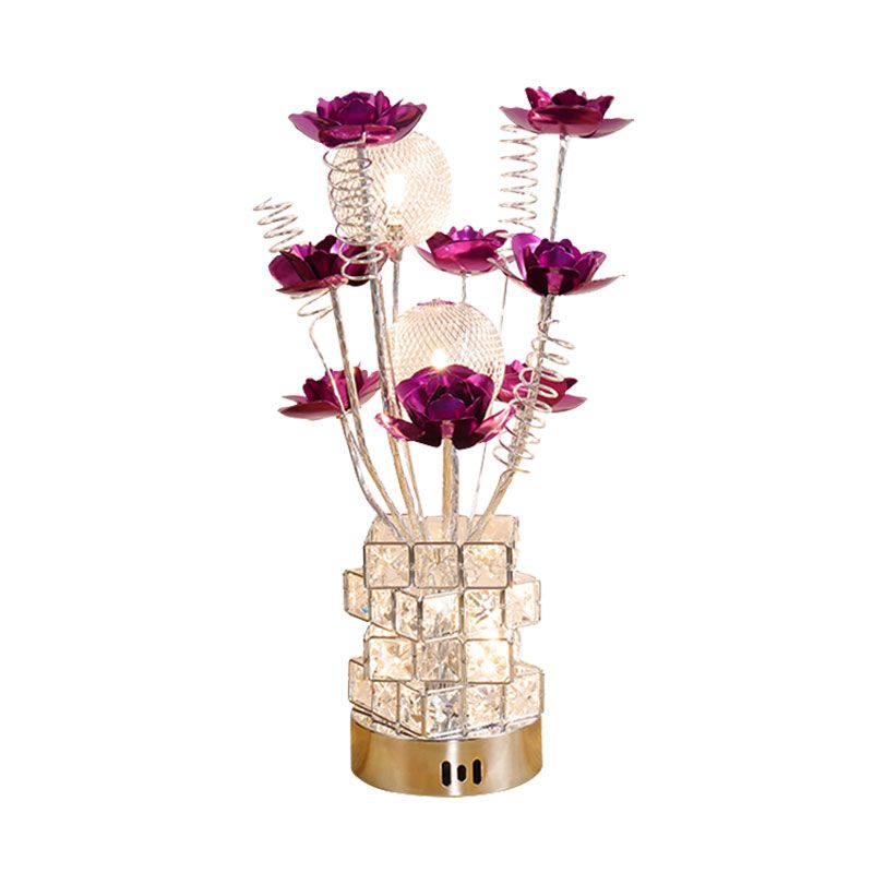 Art Decor Floral Table Lamp LED Aluminum Desk Light with Crystal Block Base in Purple/Red for Bedside