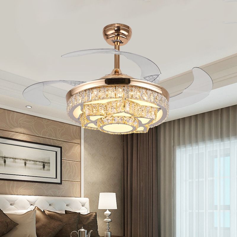 Simple Lotus Hanging Fan Lamp Crystal Block 19" Wide LED Bedroom Semi Flush Light in Gold/Chrome with 4 Blades