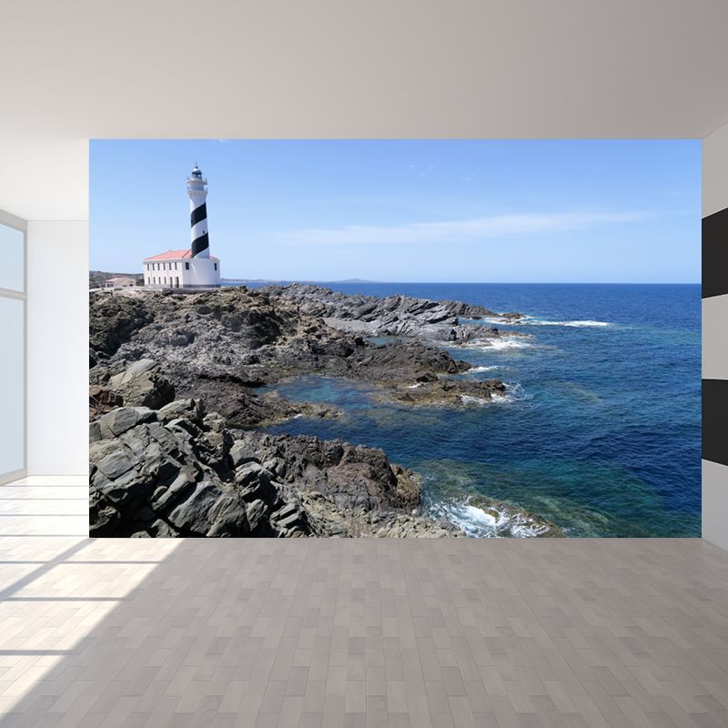 Extra Large Lighthouse Mural Blue Non-Woven Cloth Wall Covering for Bedroom, Custom