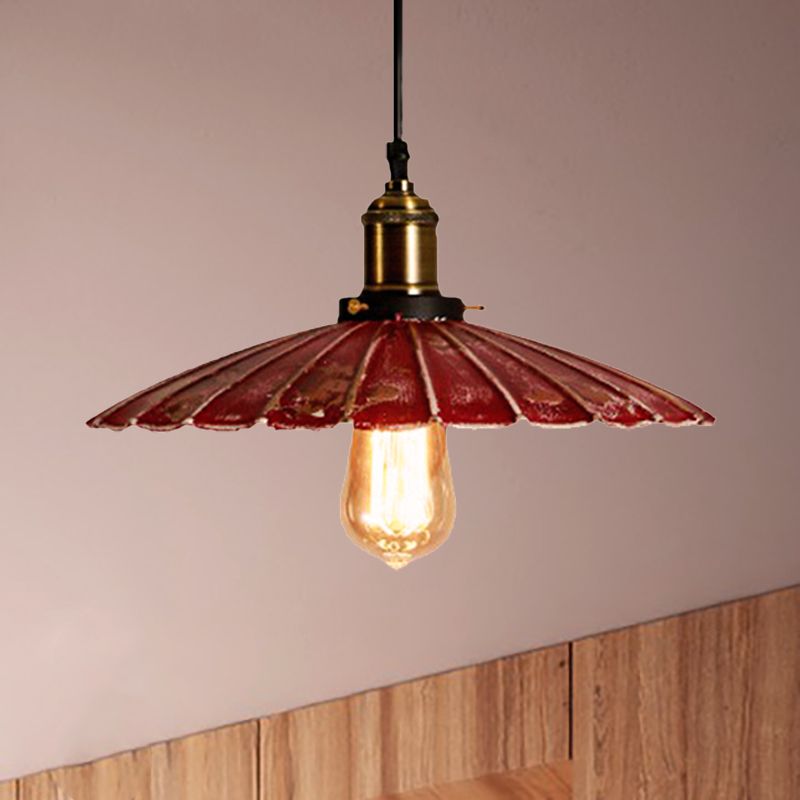 Red Scalloped Shade Hanging Light Fixture Rustic Style Metallic 1 Bulb Coffee Shop Pendant Lamp