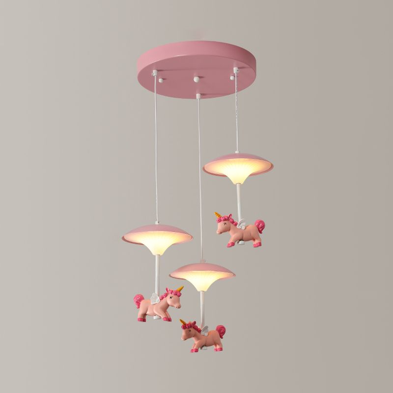 Pink Mushroom Ceiling Lamp Kid LED Metal Hanging Light Fixture with Cartoon Figurine for Bedroom