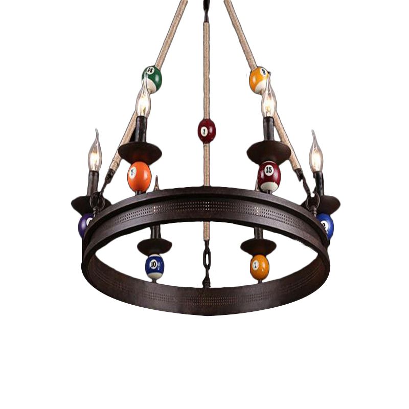 6 Bulbs Chandelier Lighting Industrial Ring Metallic Pendant Light Fixture with Rope and Billiard Ball Deco in Rust