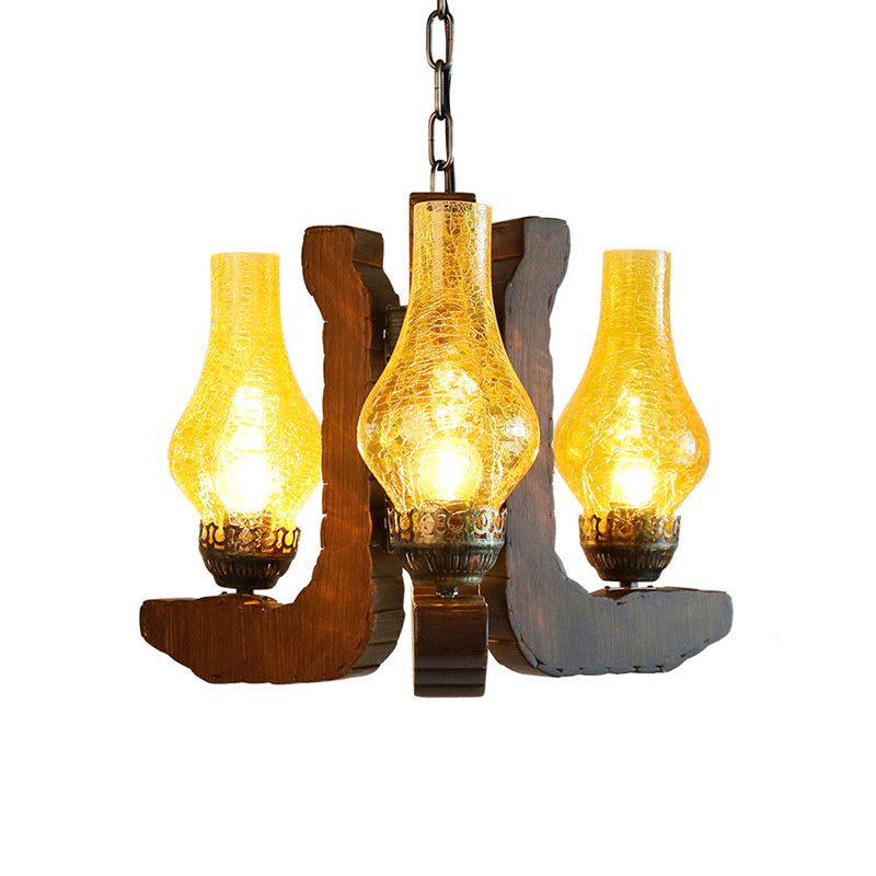 3-Light Crackle Glass Hanging Chandelier Vintage Yellow Vase Living Room Pendant Light Fixture with Wood