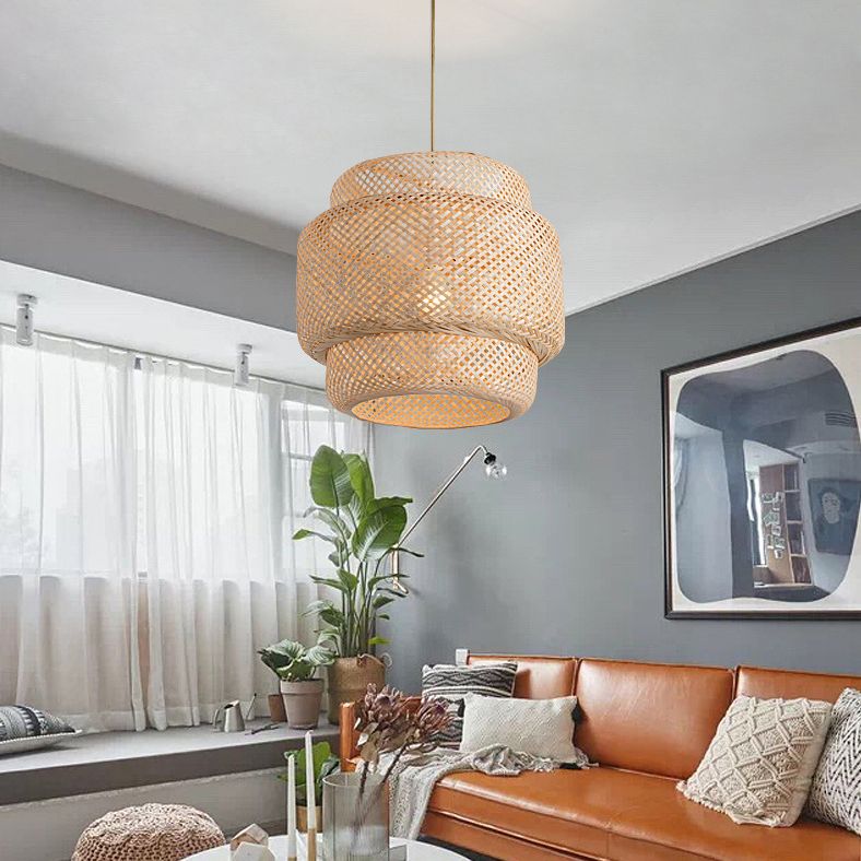 Lantern Bamboo Rattan Shape Pendant Hanging Lamp Asia Style 1 Light Hanging Ceiling Light  for Living Room