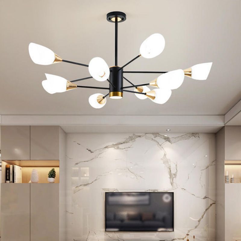 Modern Chandelier with Opal Frosted Glass Shade Black Pendant Lighting for Dining Room Bedroom