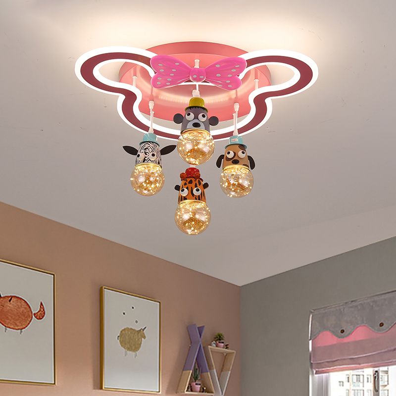 Animal Head Multi Light Pendant Cartoon Metallic Child Room Hanging Lighting in Pink