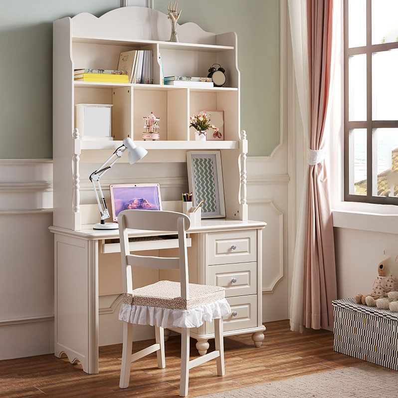 White Writing Desk with 3 Storage Drawer and Bookshelf in Solid Wood