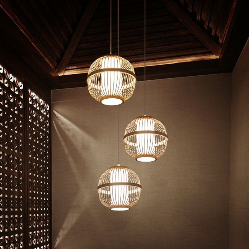 Spherical Ceiling Lamp Asia Bamboo 1 Bulb Tea Room Hanging Pendant Light in Wood