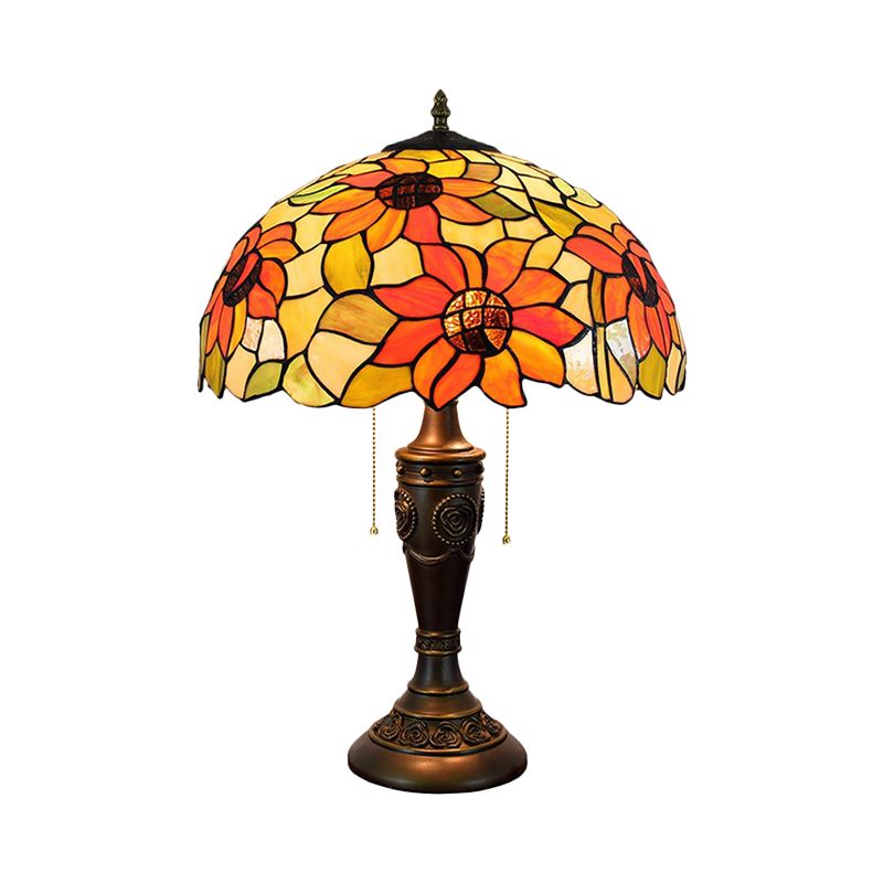 Dome Red/Orange Glass Night Lamp Tiffany 2 Lights Bronze Pull Chain Table Lighting with Carved Base