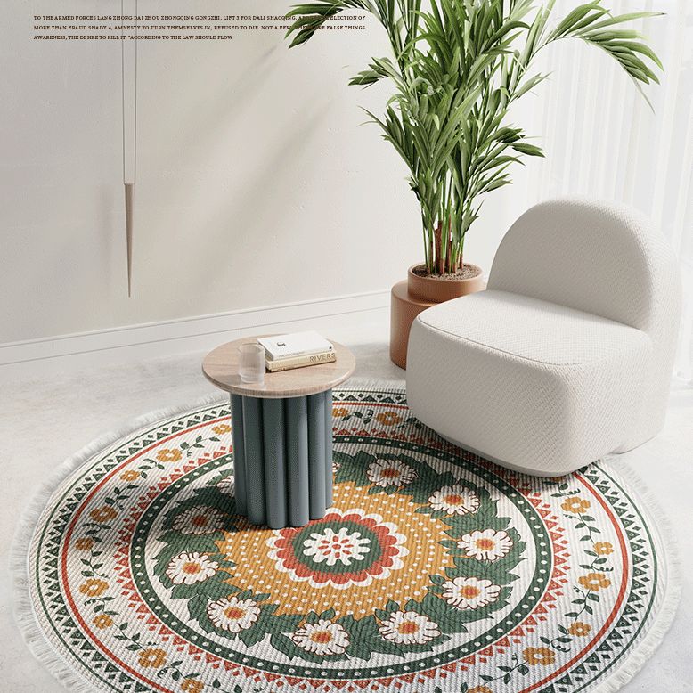 Distinctive Moroccan Round Rug Victoria Floral Printed Area Rug with Fringe Cotton Blend Washable Carpet for Home Decor