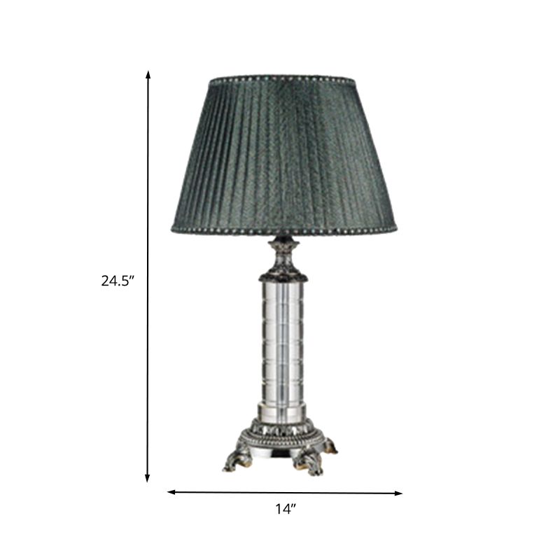 Pleated Fabric Table Lamp Modern 1 Head Green Desk Light with Carved Bronze Metal Base