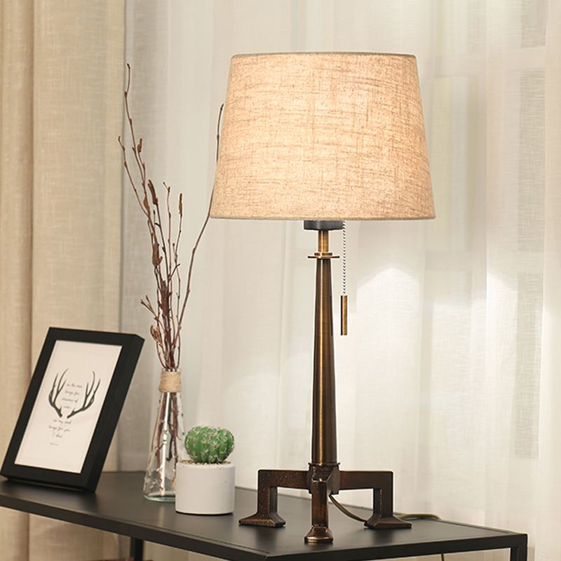 Bronze 1 Bulb Table Lamp Countryside Style Fabric Tapered Shade Desk Light with Pull Chain