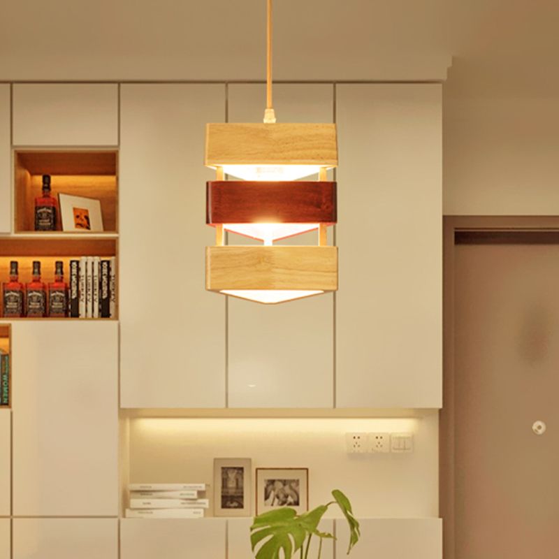 Asian 1 Head Ceiling Lamp Beige Triangular Suspension Pendant Light with Wood Shade