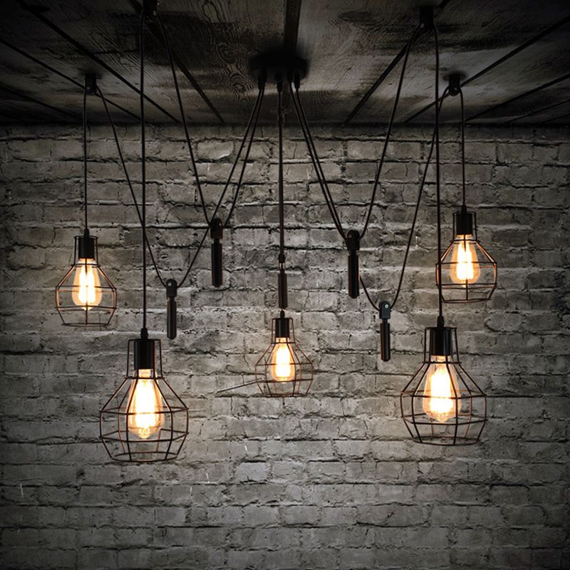 Ball-Shape Restaurant Multi Ceiling Light Rustic Iron 5-Light Black Pulley Swag Pendant