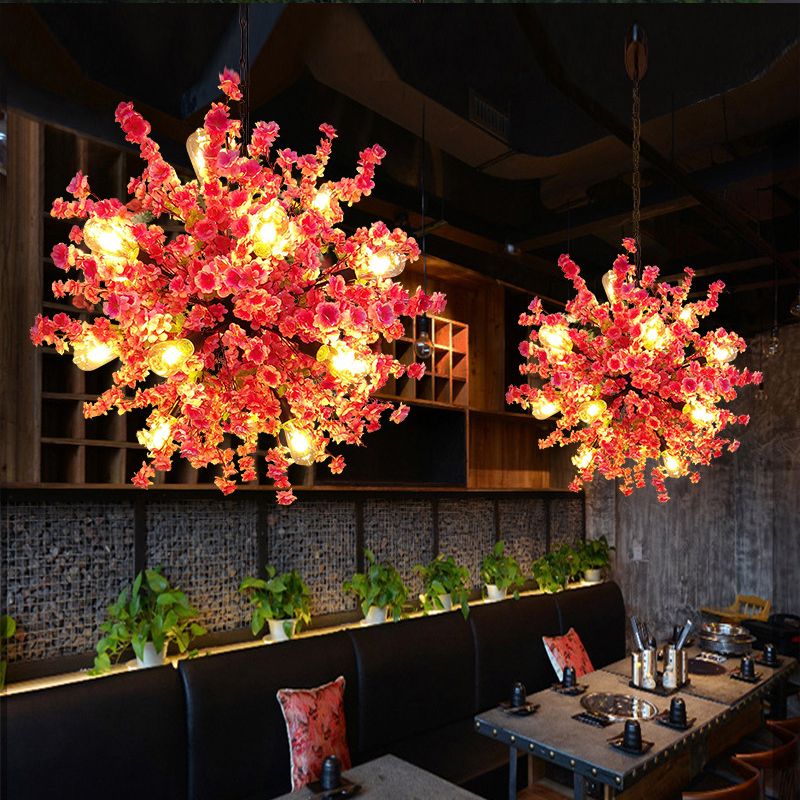 Peach 12 Lights Chandelier Lighting Vintage Metal Flower LED Hanging Pendant Light