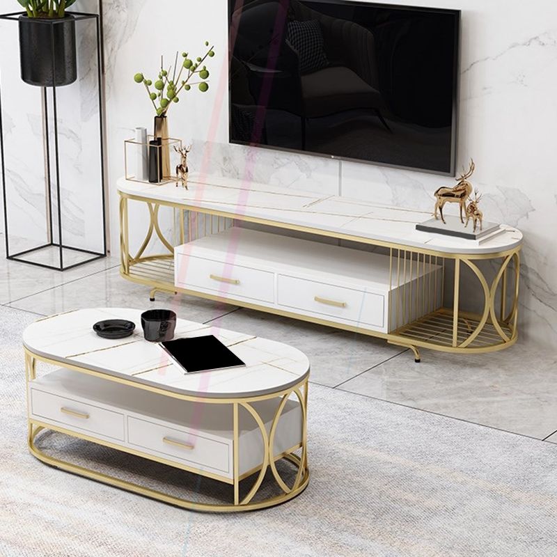 Glam Stone TV Media Stand Open Shelving TV Stand Console with Drawers