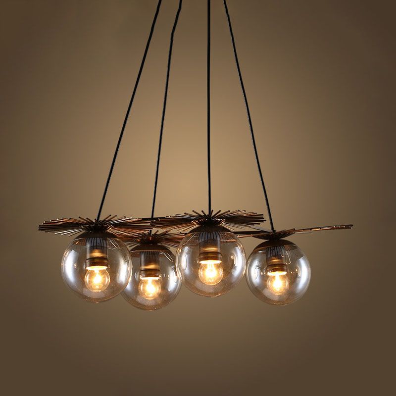 4 Bulbs Ceiling Chandelier Industrial Coffee House Pendant Light Fixture with Globe Amber Glass Shade