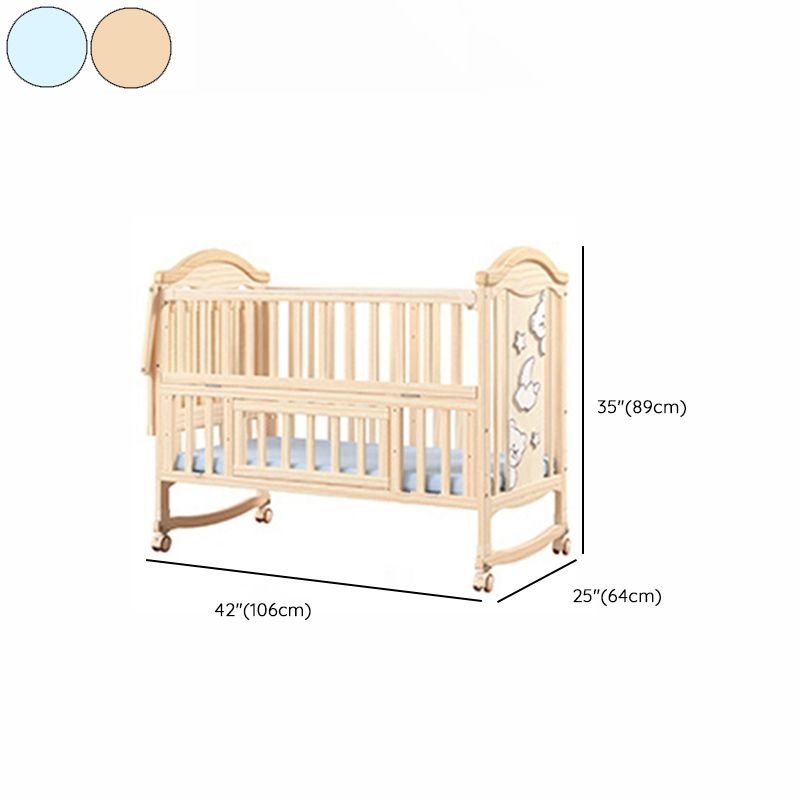 Contemporary 3-in-1 Natural Solid Wood Convertible Baby Bed with Wheels