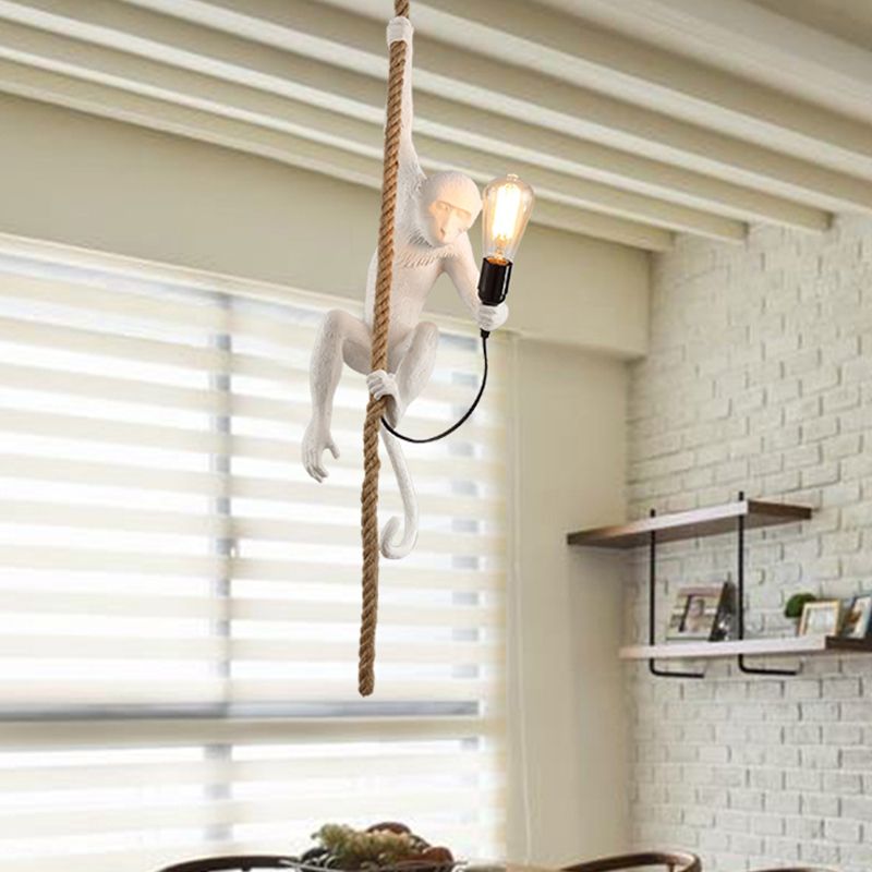 Resin Monkey Hanging Ceiling Light Modern 1-Light White Pendant Lamp with Rope Cord