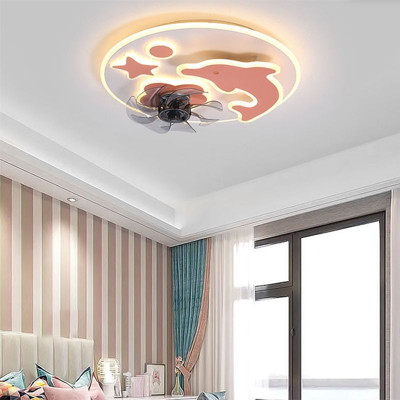 Round Kids Bedroom Ceiling Fan Lamp Metal Cartoon Style LED Semi Flush Light