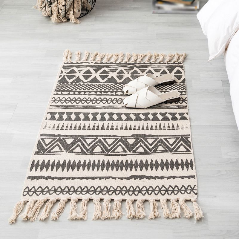 Bohemian Indoor Rug Funky Washable Rug Cotton Blend Area Carpet with Fringe