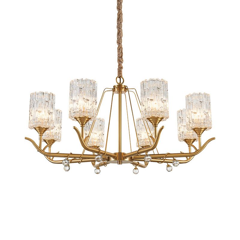 3/6/8-Light Hand-Blown Textured Glass Chandelier Postmodern Brass Cylinder Dining Room Hanging Ceiling Light