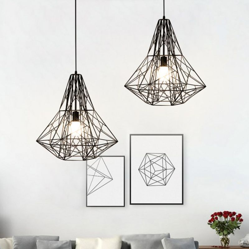 Industriële kooi diamant hanglampverlichting 1 kop metalen hangende lamp in zwart/wit voor eetkamer, 16 "/19,5" dia