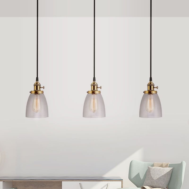 3-Light Multi Pendant Tapered Clear Glass Industrial Dining Room Hanging Light Fixture in Aged Brass