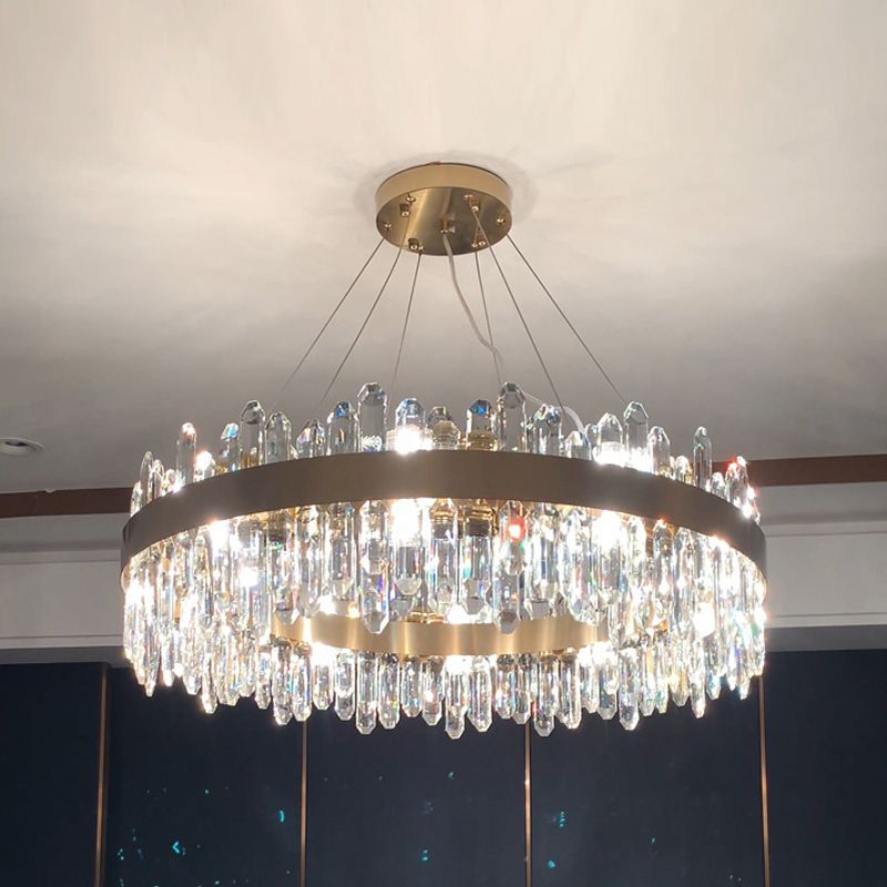 Round Shape Hanging Lights Crystal Metal Chandelier in Gold for Living Room