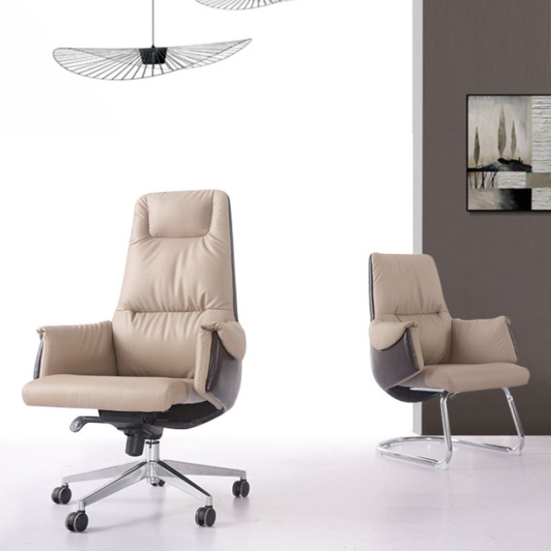 High Back Taupe Leather Office Chair Chrome Frame Task Chair