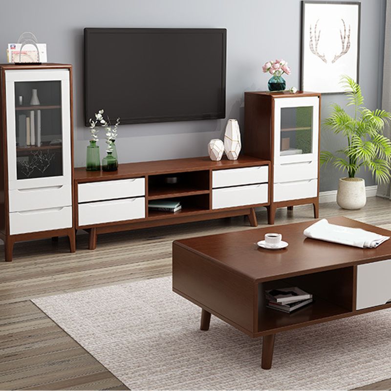 Contemporary Rubber Wood TV Console Open Storage TV Media Stand for Living Room