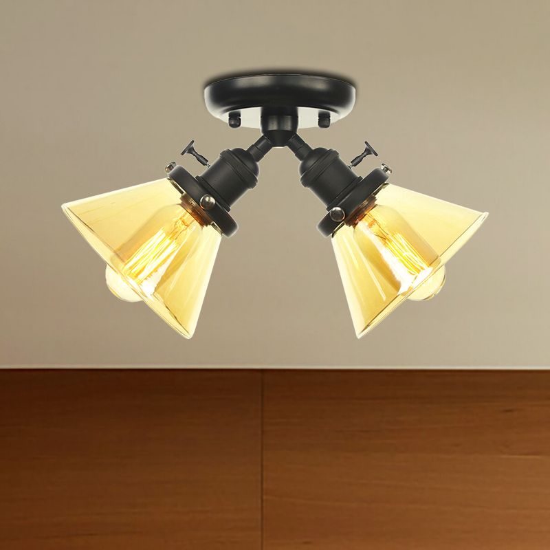 2 Heads Restaurant Ceiling Light Fixture Vintage Style Black/Bronze Semi Flush Mount Light with Conic Amber/Clear Glass Shade