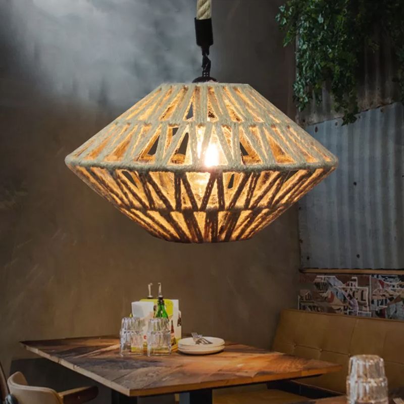 1 Light Flying Saucer Hollowed Pendant Rustic Brown Jute Rope Ceiling Suspension Lamp