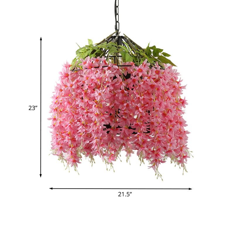 Pink 1 Head Ceiling Lamp Farm Style Iron Bird Cage Pendant Lighting Fixture with Flower for Restaurant