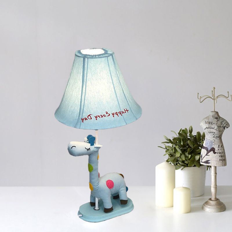 Flared Script-Print Fabric Table Lighting Kids Single-Bulb Yellow/Blue/Pink Night Lamp with Giraffe Base