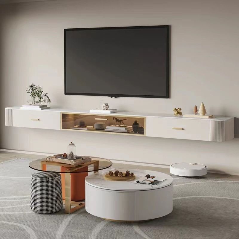 Contemporary Floating Media Console White Faux Wood Stand Console with Drawers