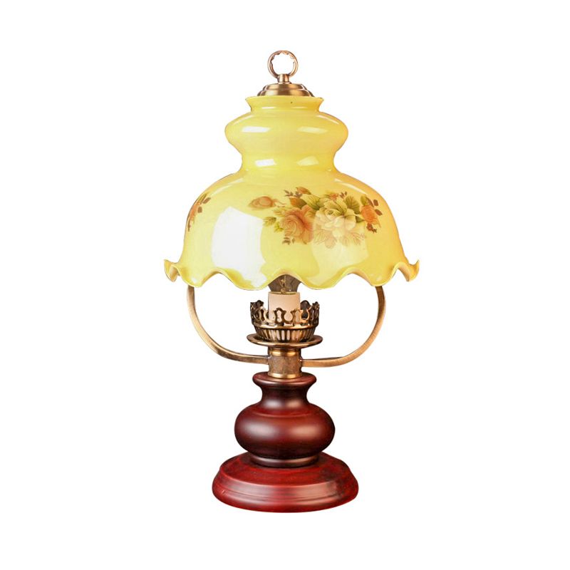 Pastoral Ruffle-Brim Gourd Night Lamp 1 Light Yellow Patterned Glass Table Lighting in Red Brown