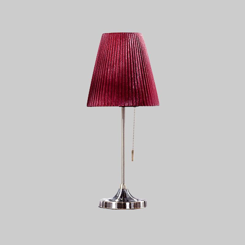 Red Tapered Nightstand Lamp Modernist 1 Bulb Fabric Task Lighting with Pull Chain