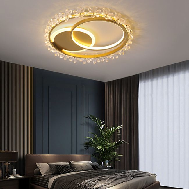 Modern Round Ceiling Mount Light Fixture Crystal 2-Light Ceiling Light Fixture