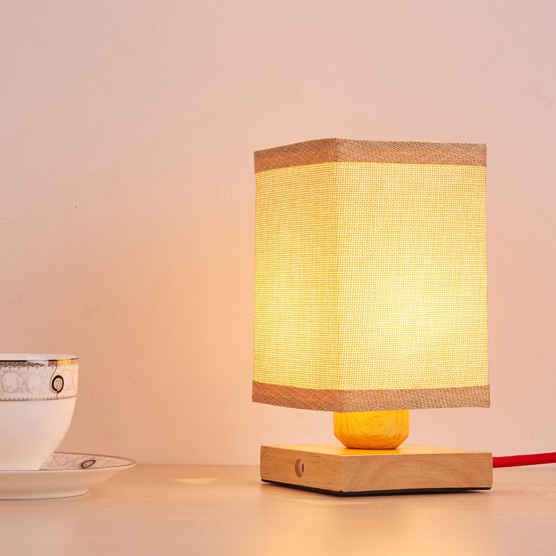 1 Head Dining Room Desk Lamp Chinese Wood Table Light with Rectangle Fabric Shade