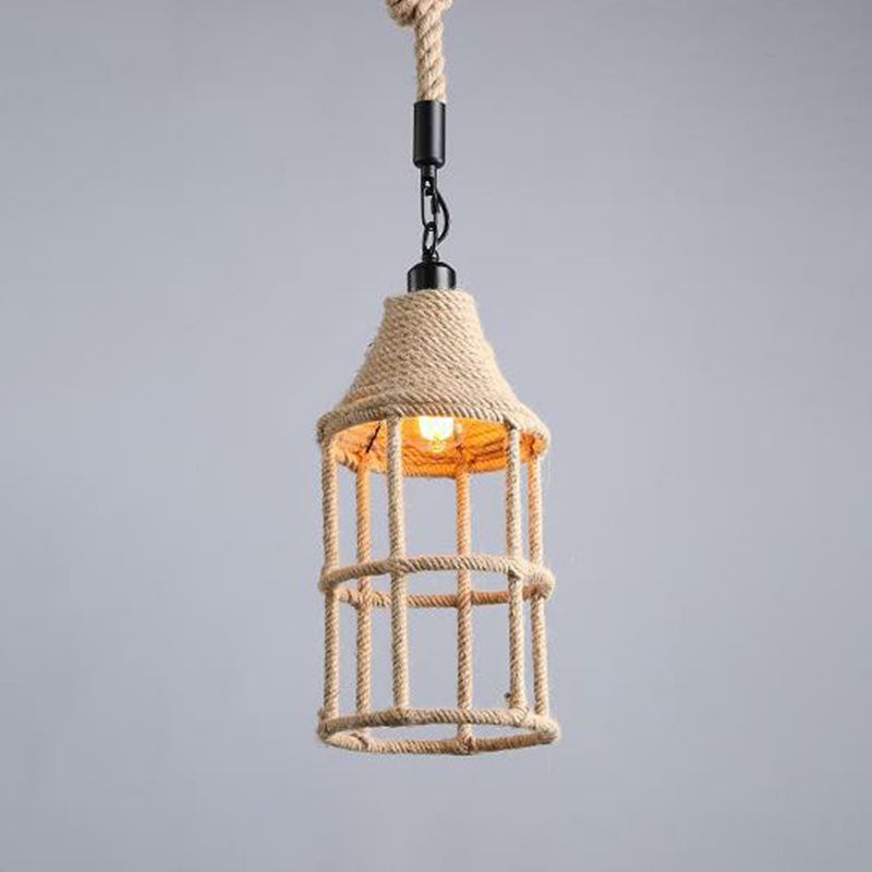 Hemp Rope Wrapped Ceiling Light Industrial Single Restaurant Hanging Pendant Light in Brown