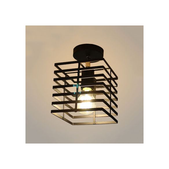 1 Éclairage de plafond carré à l'ampoule avec une nuance de cage Retro Loft Noir métallique Semi Flush Pendant Light