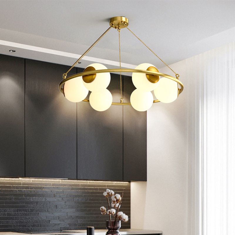 Circular Chandelier Light Postmodern Metal 6/8 Lights Brass Hanging Lamp Kit with Globe Frosted Glass Shade